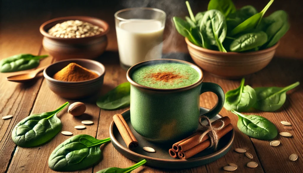 A warm spiced spinach smoothie in a ceramic mug, placed on a wooden table with fresh spinach leaves, a cinnamon stick, nutmeg, and a steaming cup of oat milk. The smoothie has a velvety texture, making it a perfect nighttime relaxation drink.