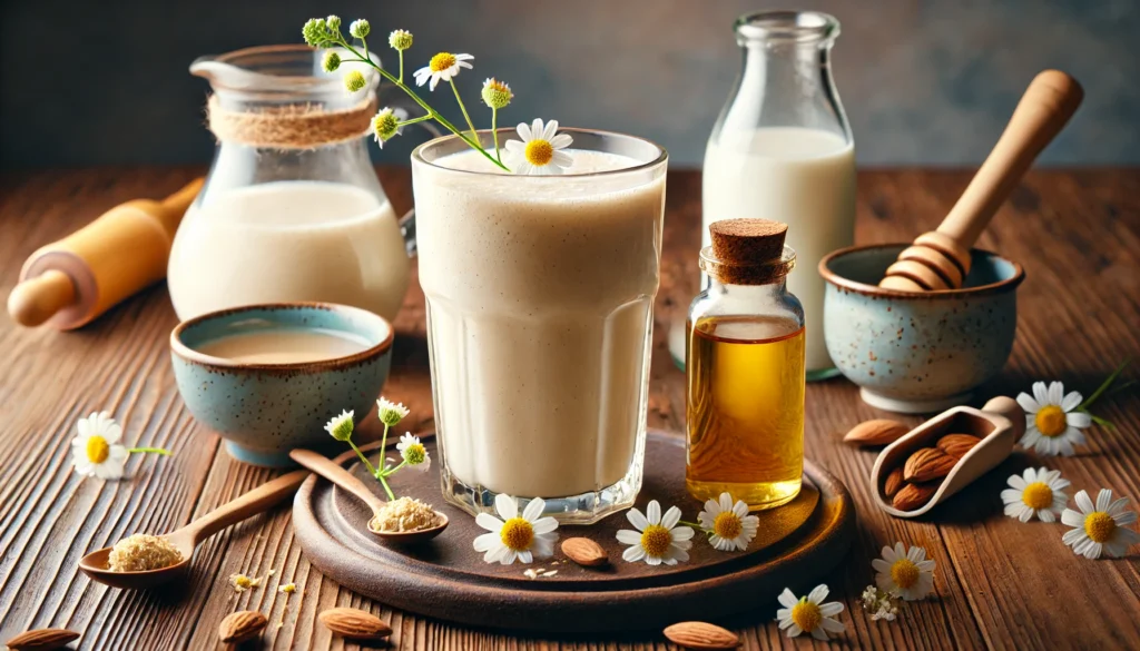 A warm valerian-chamomile smoothie in a clear glass, with a creamy texture and a light garnish of chamomile flowers. The smoothie is placed on a wooden surface alongside a small teapot of chamomile tea, a glass of almond milk, and a small bottle of valerian root extract, evoking a soft, calming nighttime atmosphere.