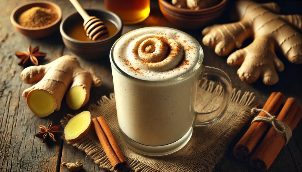A warm, frothy smoothie in a glass mug, featuring ginger, coconut milk, cinnamon, and cardamom. The smoothie is garnished with cinnamon and surrounded by fresh ingredients on a wooden table, creating a soothing nighttime ambiance.