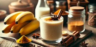 A creamy warming spiced clove recovery smoothie served in a glass with a sprinkle of cinnamon on top. The smoothie is surrounded by fresh bananas, ground cloves, turmeric powder, and a small dish of almond milk on a rustic wooden kitchen counter with warm, inviting lighting.
