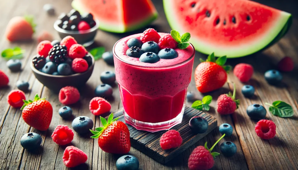 A vibrant watermelon-berry antioxidant smoothie in a glass, surrounded by fresh mixed berries, including blueberries, strawberries, and raspberries. The smoothie has a deep red-pink hue, topped with whole berries, and is set on a rustic wooden table with soft natural lighting.