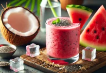 A refreshing watermelon-coconut electrolyte smoothie in a clear glass, garnished with a slice of watermelon and a sprinkle of chia seeds. The smoothie is a vibrant pink, placed on a wooden surface with ice cubes and coconut water nearby, highlighting its hydrating and replenishing properties.