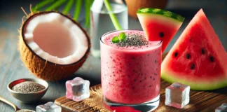 A refreshing watermelon-coconut electrolyte smoothie in a clear glass, garnished with a slice of watermelon and a sprinkle of chia seeds. The smoothie is a vibrant pink, placed on a wooden surface with ice cubes and coconut water nearby, highlighting its hydrating and replenishing properties.