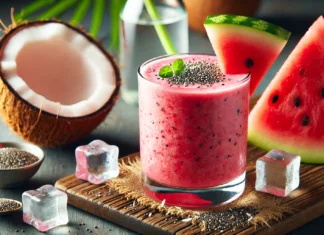 A refreshing watermelon-coconut electrolyte smoothie in a clear glass, garnished with a slice of watermelon and a sprinkle of chia seeds. The smoothie is a vibrant pink, placed on a wooden surface with ice cubes and coconut water nearby, highlighting its hydrating and replenishing properties.