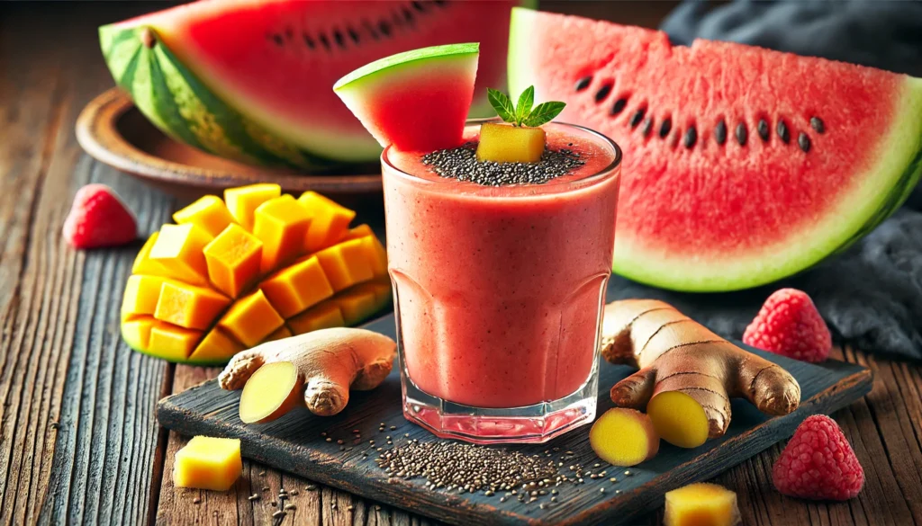 A refreshing watermelon-ginger post-workout recovery smoothie in a clear glass with a rich pink-orange hue. The smoothie is surrounded by fresh watermelon slices, a piece of fresh ginger root, and frozen mango chunks, with a sprinkle of chia seeds on top. Set on a rustic wooden surface, the lighting enhances the fresh and nutritious ingredients.