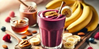 A vibrant acai banana smoothie in a tall glass, garnished with banana slices and a sprinkle of cinnamon. The smoothie has a rich, creamy texture and a deep purple hue, placed on a wooden surface with fresh bananas, almond butter, and a drizzle of honey around it.