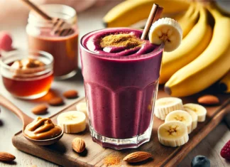 A vibrant acai banana smoothie in a tall glass, garnished with banana slices and a sprinkle of cinnamon. The smoothie has a rich, creamy texture and a deep purple hue, placed on a wooden surface with fresh bananas, almond butter, and a drizzle of honey around it.