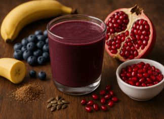 A dark purple acai smoothie surrounded by banana, blueberries, flaxseed, and fresh pomegranate, illustrating a heart-protective antioxidant blend on a wooden surface.