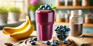 A vibrant acai & blueberry focus smoothie in a clear glass, placed on a wooden table. The smoothie is a deep purple color, topped with a few fresh blueberries and a sprinkle of flaxseeds. Surrounding the glass are whole blueberries, banana slices, and a small bowl of frozen acai puree. The background is softly blurred with a fresh and bright kitchen setting.