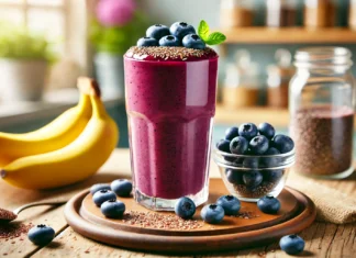 A vibrant acai & blueberry focus smoothie in a clear glass, placed on a wooden table. The smoothie is a deep purple color, topped with a few fresh blueberries and a sprinkle of flaxseeds. Surrounding the glass are whole blueberries, banana slices, and a small bowl of frozen acai puree. The background is softly blurred with a fresh and bright kitchen setting.