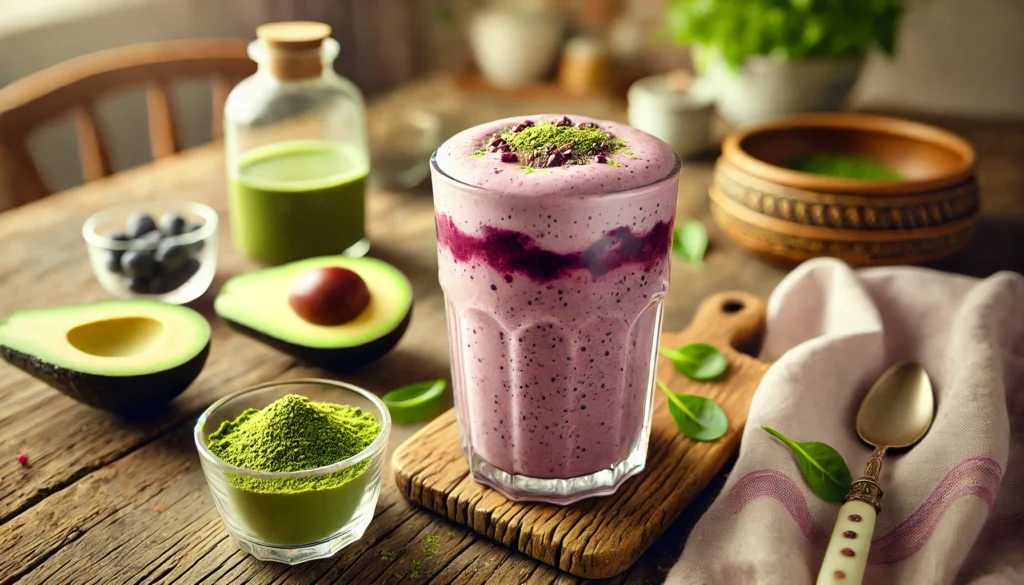 A creamy acai & green tea clarity smoothie in a clear glass, placed on a rustic wooden table. The smoothie has a rich purple hue with a frothy top, garnished with a sprinkle of matcha powder. Surrounding the glass are fresh avocado slices, a small dish of matcha green tea powder, and a few ice cubes. The background is softly blurred with a cozy, natural-lit kitchen setting.