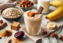 A cozy cinnamon almond smoothie in a clear glass, surrounded by almond butter, oats, banana, date, cinnamon, and almond milk—designed to stabilize blood sugar and lower triglycerides with heart-healthy fats and fiber.