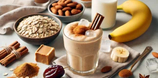 A cozy cinnamon almond smoothie in a clear glass, surrounded by almond butter, oats, banana, date, cinnamon, and almond milk—designed to stabilize blood sugar and lower triglycerides with heart-healthy fats and fiber.