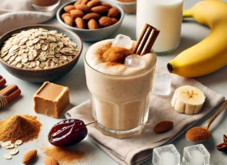 A cozy cinnamon almond smoothie in a clear glass, surrounded by almond butter, oats, banana, date, cinnamon, and almond milk—designed to stabilize blood sugar and lower triglycerides with heart-healthy fats and fiber.