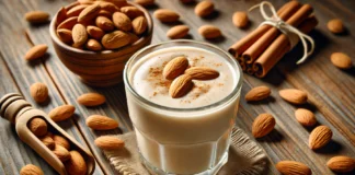 Creamy Almond Smoothie with Cinnamon Garnish ALT Text: A smooth and creamy almond smoothie in a glass, topped with a sprinkle of cinnamon and whole almonds. The setting features a rustic wooden surface with scattered almonds, creating a warm and inviting atmosphere.