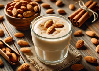 Creamy Almond Smoothie with Cinnamon Garnish ALT Text: A smooth and creamy almond smoothie in a glass, topped with a sprinkle of cinnamon and whole almonds. The setting features a rustic wooden surface with scattered almonds, creating a warm and inviting atmosphere.