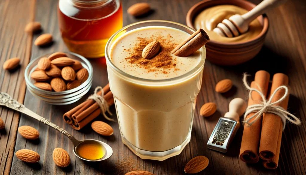 A creamy almond-spiced smoothie in a clear glass with a warm golden hue, placed on a wooden surface. The smoothie is garnished with a sprinkle of cinnamon and nutmeg. Surrounding the glass are a small bowl of almond butter, cinnamon sticks, a nutmeg grater, and a dish of maple syrup, creating a cozy and comforting presentation.