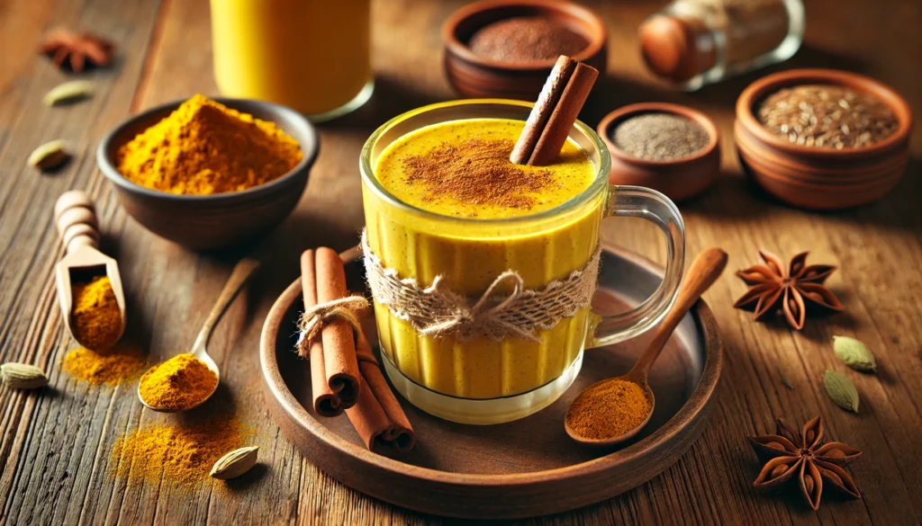 A cozy turmeric chai smoothie in a clear mug with a warm, golden hue, placed on a wooden table. The smoothie is sprinkled with cinnamon and garnished with a cinnamon stick, with small dishes of cardamom, nutmeg, and flaxseeds nearby, creating a comforting and aromatic setting.