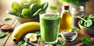 A creamy green smoothie in a glass, surrounded by fresh spinach, banana slices, chia seeds, and a small bottle of apple cider vinegar on a wooden countertop. Natural lighting highlights the fresh ingredients.