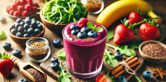 A vibrant purple smoothie in a glass, garnished with fresh berries, surrounded by arugula, blueberries, strawberries, banana, flaxseeds, and cinnamon on a rustic wooden surface. The bright and inviting background enhances the fresh and nutrient-rich appeal.