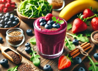 A vibrant purple smoothie in a glass, garnished with fresh berries, surrounded by arugula, blueberries, strawberries, banana, flaxseeds, and cinnamon on a rustic wooden surface. The bright and inviting background enhances the fresh and nutrient-rich appeal.