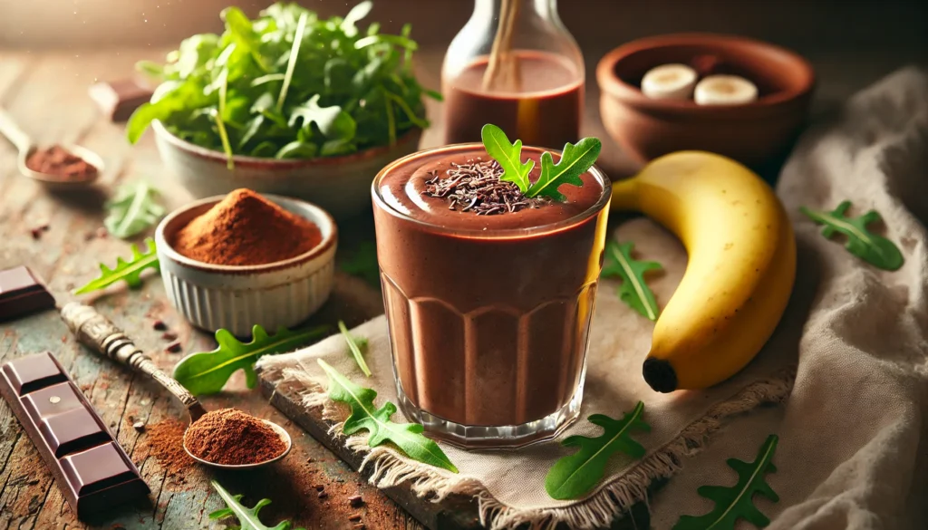 A rich and creamy chocolate smoothie in a clear glass, made with fresh arugula, raw cacao powder, banana, and oat milk, set on a rustic wooden surface with fresh ingredients nearby.