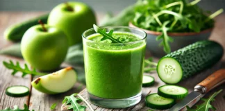 A vibrant green power smoothie in a clear glass, made with fresh arugula, green apple, cucumber, and coconut water, set on a rustic wooden surface with fresh ingredients nearby.
