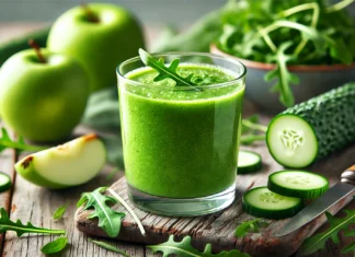 A vibrant green power smoothie in a clear glass, made with fresh arugula, green apple, cucumber, and coconut water, set on a rustic wooden surface with fresh ingredients nearby.