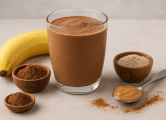 A glass of creamy chocolate smoothie surrounded by ashwagandha powder, cacao, almond butter, and a banana, styled on a warm neutral background with soft lighting.
