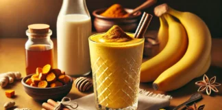 A golden ashwagandha turmeric smoothie in a clear glass, topped with a light sprinkle of cinnamon. Surrounding the glass are turmeric root, cinnamon sticks, a banana, a drizzle of honey, and a bottle of oat milk, emphasizing a nutritious and stress-relieving smoothie.