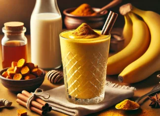 A golden ashwagandha turmeric smoothie in a clear glass, topped with a light sprinkle of cinnamon. Surrounding the glass are turmeric root, cinnamon sticks, a banana, a drizzle of honey, and a bottle of oat milk, emphasizing a nutritious and stress-relieving smoothie.