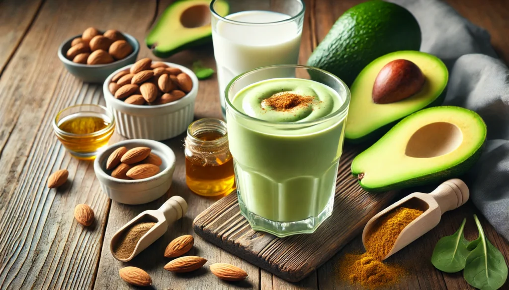 A light green Avocado Almond Protein Smoothie in a clear glass with a frothy top, surrounded by fresh avocado halves, almond butter, plant-based protein powder, almond milk, cinnamon, turmeric, and honey on a wooden surface with soft, natural lighting.