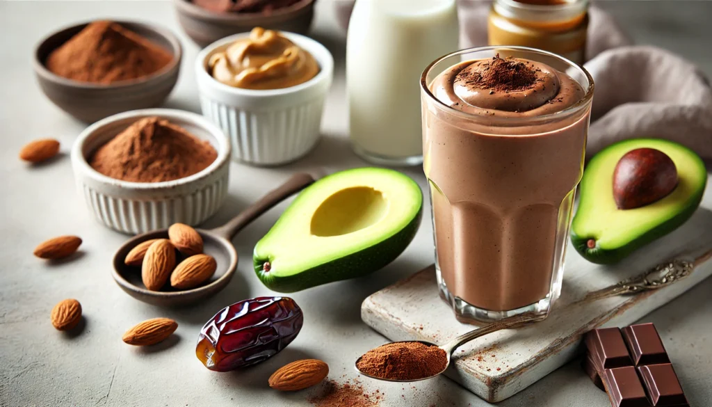 A rich chocolate avocado smoothie in a glass, surrounded by cacao powder, avocado half, almond butter, a pitted date, cinnamon, and soy milk on a soft-lit kitchen surface.
