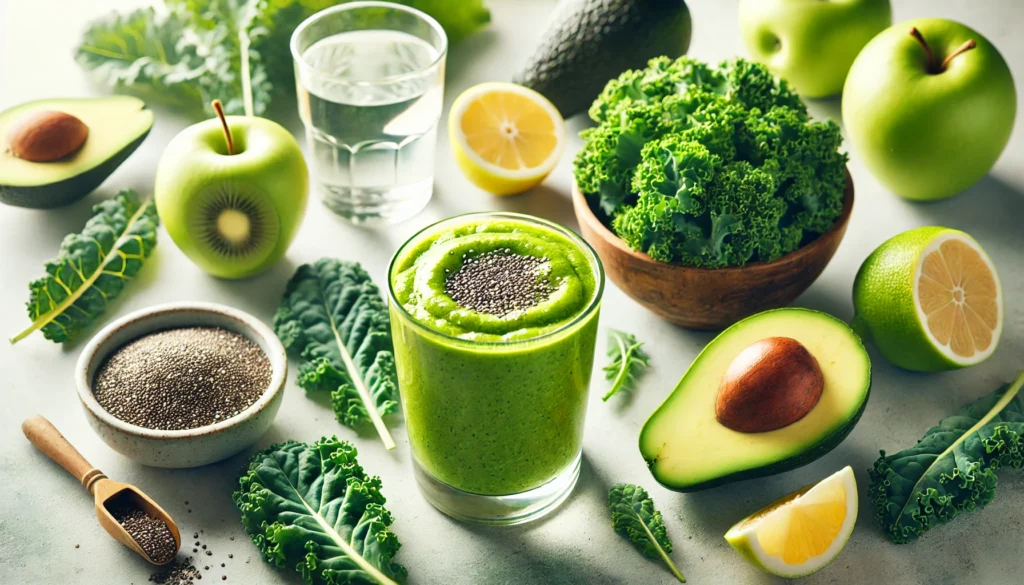 A vibrant green smoothie in a glass, surrounded by kale leaves, green apple slices, avocado half, lemon halves, chia seeds, and water on a bright kitchen counter.