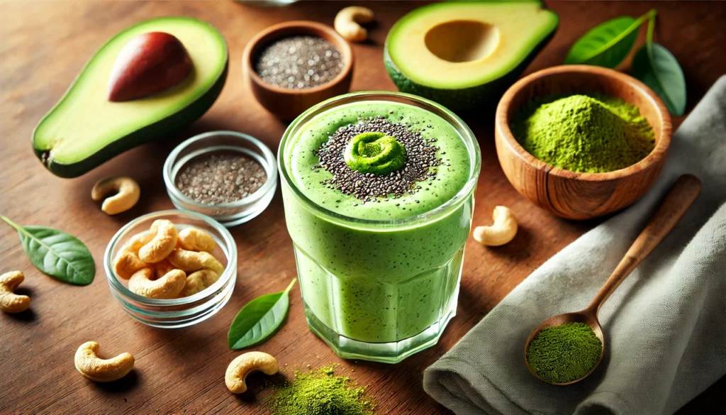 A creamy avocado matcha smoothie in a clear glass with a vibrant green hue, placed on a wooden surface. The smoothie is topped with a sprinkle of chia seeds and a small swirl of matcha powder. Surrounding the glass are a small bowl of matcha powder, half an avocado, and a few cashew nuts, creating a healthy and energizing scene.