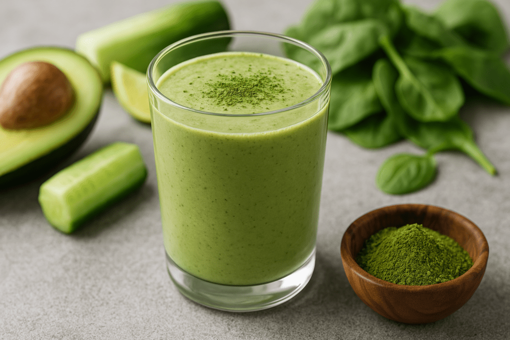 A creamy green smoothie in a glass, topped with matcha, placed beside avocado, cucumber, spinach, and a small bowl of matcha powder on a textured gray surface.