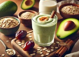A thick green avocado smoothie in a glass, surrounded by rolled oats, avocado half, cinnamon stick, pitted date, oat milk, and vanilla bean on a cozy wooden kitchen counter.