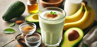 A creamy pale green Avocado Power Fuel Smoothie in a clear glass, surrounded by fresh avocado halves, a ripe banana, chia seeds, honey, cinnamon powder, and almond milk on a wooden surface with soft, natural lighting.