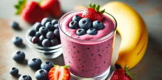 A vibrant banana smoothie blended with blueberries and strawberries, served in a clear glass with fresh berries and a ripe banana arranged around it, set against a softly lit kitchen background emphasizing the freshness of the ingredients.