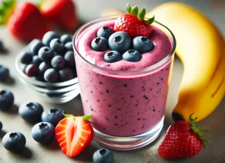 A vibrant banana smoothie blended with blueberries and strawberries, served in a clear glass with fresh berries and a ripe banana arranged around it, set against a softly lit kitchen background emphasizing the freshness of the ingredients.