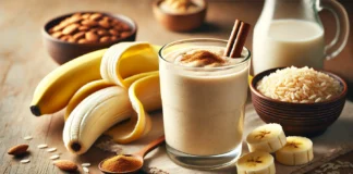 A creamy banana smoothie in a glass, made with cooked brown rice, almond butter, and almond milk, featuring a light beige color and a smooth texture, garnished with cinnamon. Surrounding it are fresh banana slices, a small dish of cooked brown rice, and a drizzle of almond butter on a wooden surface.
