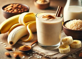 A creamy banana smoothie in a glass, made with cooked brown rice, almond butter, and almond milk, featuring a light beige color and a smooth texture, garnished with cinnamon. Surrounding it are fresh banana slices, a small dish of cooked brown rice, and a drizzle of almond butter on a wooden surface.
