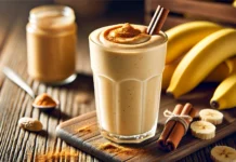 A creamy banana smoothie with a hint of peanut butter in a tall glass, garnished with a sprinkle of cinnamon. The smoothie is placed on a wooden countertop with a bunch of bananas in the background. The smoothie has a rich, thick texture and is served with a straw.