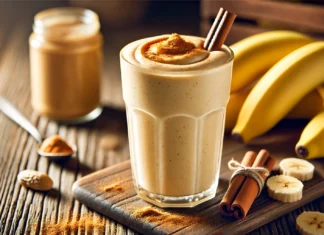 A creamy banana smoothie with a hint of peanut butter in a tall glass, garnished with a sprinkle of cinnamon. The smoothie is placed on a wooden countertop with a bunch of bananas in the background. The smoothie has a rich, thick texture and is served with a straw.