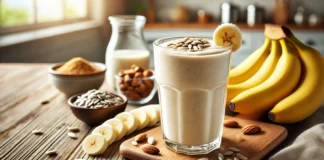 A creamy banana smoothie in a glass, made with sunflower seeds, Greek yogurt, and almond milk, placed on a wooden surface with fresh banana slices, a small dish of sunflower seeds, and a sprinkle of cinnamon in a bright, modern kitchen.