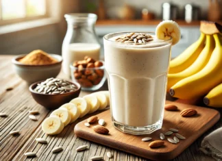 A creamy banana smoothie in a glass, made with sunflower seeds, Greek yogurt, and almond milk, placed on a wooden surface with fresh banana slices, a small dish of sunflower seeds, and a sprinkle of cinnamon in a bright, modern kitchen.