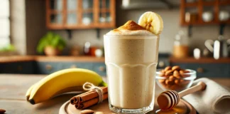 A creamy banana-tahini smoothie in a tall glass, with a light beige color, topped with a sprinkle of cinnamon and a banana slice, set in a well-lit kitchen with warm natural lighting.