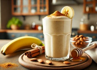 A creamy banana-tahini smoothie in a tall glass, with a light beige color, topped with a sprinkle of cinnamon and a banana slice, set in a well-lit kitchen with warm natural lighting.