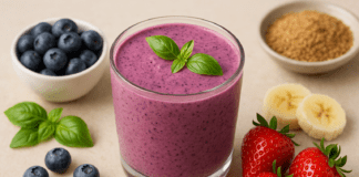 A vibrant purple basil berry smoothie in a glass, surrounded by blueberries, strawberries, banana slices, flaxseed, and fresh basil on a beige surface.