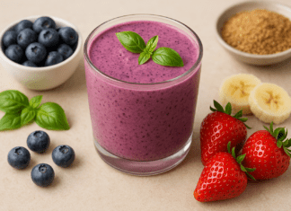 A vibrant purple basil berry smoothie in a glass, surrounded by blueberries, strawberries, banana slices, flaxseed, and fresh basil on a beige surface.